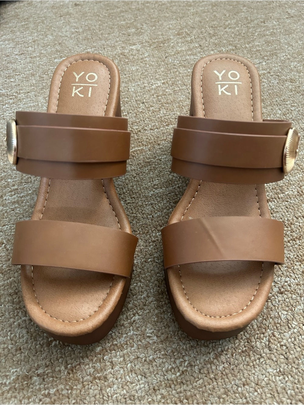 Yoki Women's Tan Dual-Strap Slide Mules with Buckle Accent